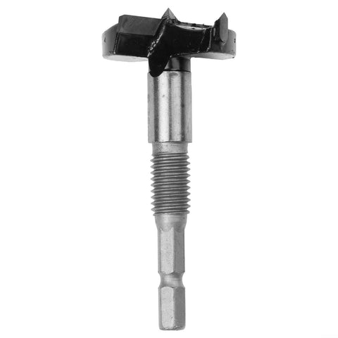 Front view of 15–35mm concealed hinge drill bit with hole drilling guide; metal shaft and threaded section