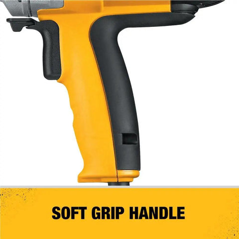 Badass Torque One Half Inch Spade Handle Corded Drill With Nine Point Zero Amp Motor And Reversing Switch showing soft grip handle.