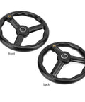 Front and back view of 250mm Bakelite Lathe Hand Wheel with 3 spoked design and handy handle, anti slip grip for smooth machine tool control.