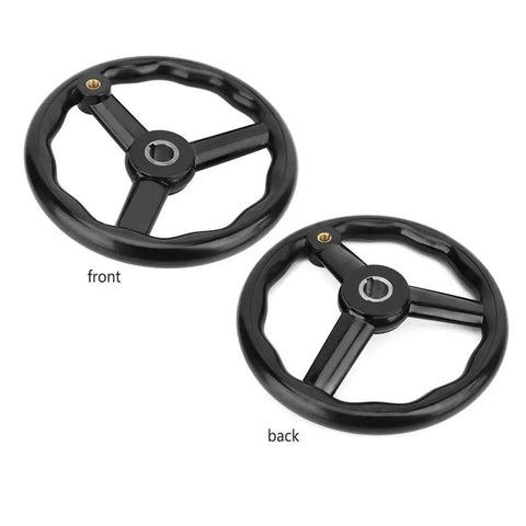 Front and back view of 250mm Bakelite Lathe Hand Wheel with 3 spoked design and handy handle, anti slip grip for smooth machine tool control.