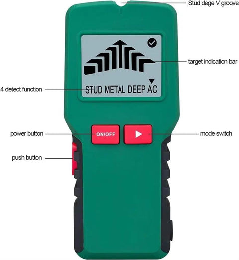 Pro Level Wall Detector And 4 In 1 Stud Finder Featuring Crisp Digital Screen, front view with buttons and display.