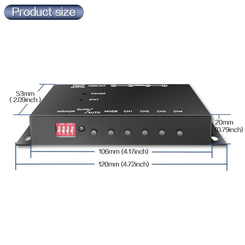 Product dimensions of 4 Channel Mini Car CCTV Quad Video Splitter And Processor Switcher For Onboard Cameras Real Time Quad View