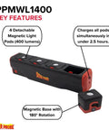 Epic 1400 Lumen Modular Work Light With Detachable LED Pods Base Brightness 700 Lumen Plus Two Pods For Targeted Illumination