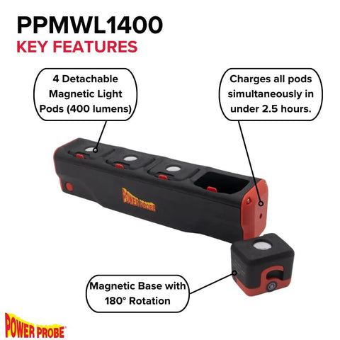 Epic 1400 Lumen Modular Work Light With Detachable LED Pods Base Brightness 700 Lumen Plus Two Pods For Targeted Illumination