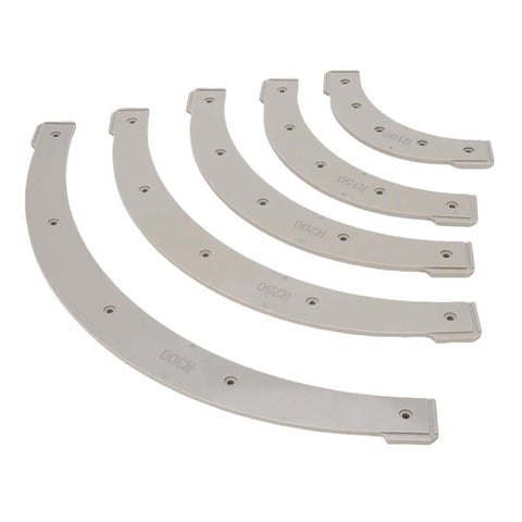 Top Shelf Router Templates For Woodworkers, 5 Piece Corner Radius Jig Set With Removable Guide Stops, Heavy Duty Plastic Gear showing 5 curved jigs.