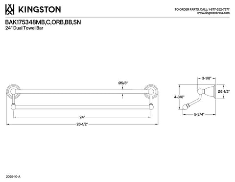 Technical drawing of 24-inch dual towel bar from Heritage 3-Piece 24-Inch Dual Towel Bar Set With Towel Ring And Toilet Paper Holder In Brushed Nickel For Classic Traditional Bathroom Decor And Coordinating Bath Accessories