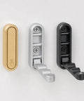 Sleek Black Folding Wall Hooks Four Pack With Swivel Hinge Design, showcasing gold, silver, and black finishes on wall mounts.