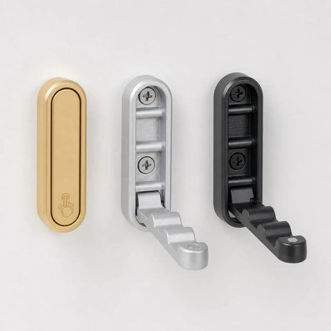 Sleek Black Folding Wall Hooks Four Pack With Swivel Hinge Design, showcasing gold, silver, and black finishes on wall mounts.