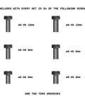 Top Tier Gunsmithing Screw Kit Featuring Hardened Steel Torx Fasteners In Six Precision Sizes Plus Heavy Duty Torx Wrench displayed with screws and sizes.