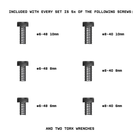 Top Tier Gunsmithing Screw Kit Featuring Hardened Steel Torx Fasteners In Six Precision Sizes Plus Heavy Duty Torx Wrench displayed with screws and sizes.