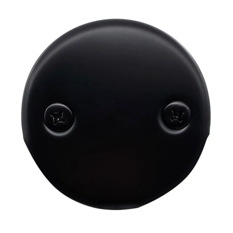 No Fuss Above Floor Bathtub Overflow Drain Kit With Tip Toe Drain Valve And Two Hole Cover Matte Black round cover with screws.