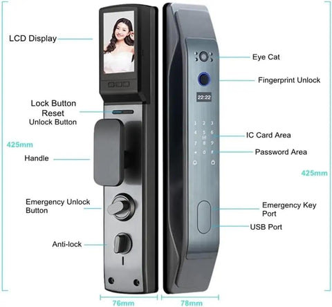 Heavy Duty Smart Door Lock With App Remote Control And Fingerprint Reader For Keyless Entry showing LCD display and features.