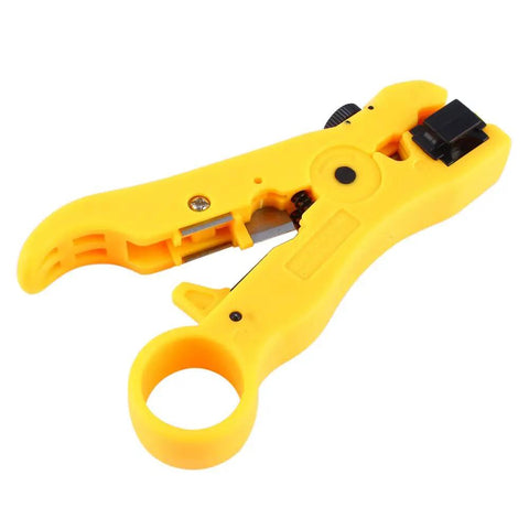 Yellow coax cable wire stripper cutter with adjustable blade and reversible cassette for RG59, RG6, RG7, and RG11 cables