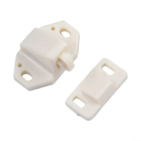 Five Pack Door Roller Catch Kit With Loaded ABS Rollers, White Magnetic Cabinet Door Latches, close-up view of components