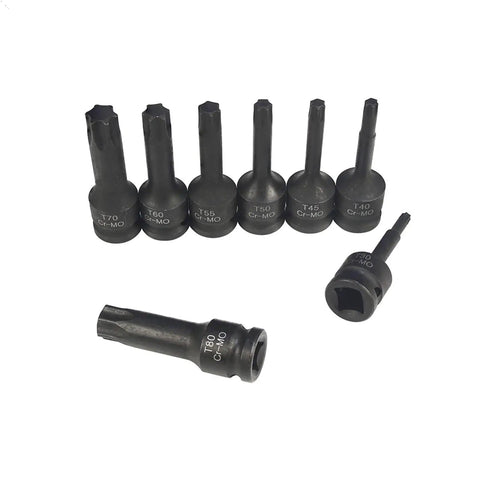 8 Piece Pneumatic Wrench Hex Drive Bit Set T30 T40 T45 T50 T55 T60 T70 T80 Driver Bits in black S2 steel