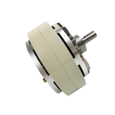 Side view of 24V Magnetic Powder Brake for CNC machines and printing presses, single shaft, compact durable design, 0.6-10Kg torque.