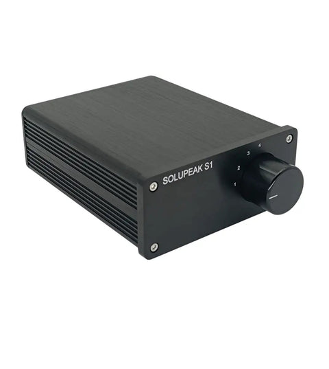 Front view of RCA Switcher 4 In 1 Out For Home Audio Setup, HiFi Input Selector And Signal Splitter Box with CNC Aluminum Knob.
