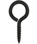 Close-up of a single black 1-inch screw eye from 100 Pack 1 Inch Metal Screw Eyes Hooks Self Tapping Eye Rings For Indoor Outdoor Hanging Lifting And Securing Cables Wires Small Items Black Great For DIY Projects Home Garage Tent Rigs.