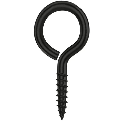 Close-up of a single black 1-inch screw eye from 100 Pack 1 Inch Metal Screw Eyes Hooks Self Tapping Eye Rings For Indoor Outdoor Hanging Lifting And Securing Cables Wires Small Items Black Great For DIY Projects Home Garage Tent Rigs.