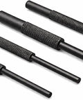 Roll Pin Starter Punch Set for AR Builds Four Starter Punches in Sizes One Sixteenth Five Sixty Fourths Three Thirty Second and One Eighth Inches Heat Treated Steel with Black Finish Keeps Pins in Place During Installation, shown in black steel.