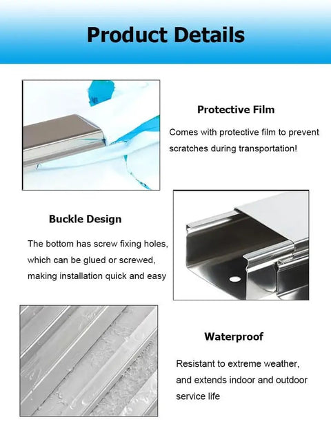 Three Point Three Foot Stainless Steel Cable Raceway with protective film, buckle design, and waterproof features highlighted