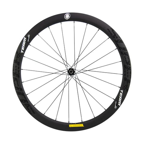 Front view of 45mm Carbon Tubeless Wheelset For Disc Brake Road Bikes With 25mm Inner Width No Paint Finish Tubeless Ready To Roll Shimano 8 9 10 11 Speed Cassette Body Compatible