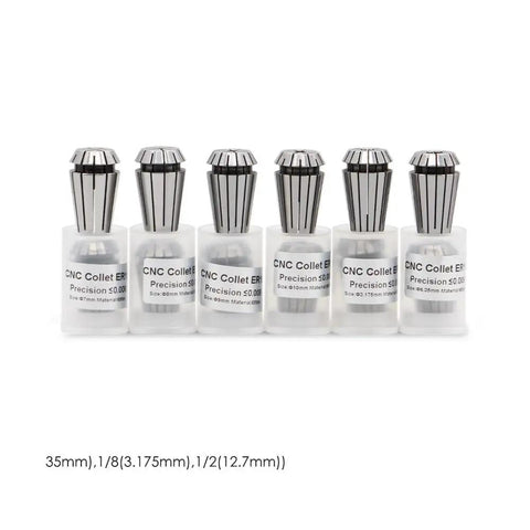Top Notch Er16 Spring Collet Chuck For Cnc Milling Lathe Machines Offering Dead Nuts Accurate Clamping Heavy Duty Steel Build And Quick Spindle Tool Changing, set of six ER16 collets in plastic holders.