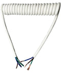 Real Deal White Retractable Spiral Power Cord Featuring Heavy Duty Telescopic Spring Design That Snaps Back Up To Fifteen Meters Plus Works Like A Charm Inside Shops, showing a coiled cord with exposed copper wires.