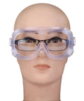 3 Pack Safety Goggles Over Glasses Protective Eyewear With Adjustable Straps For Lab Construction Home DIY And Kitchen Chores Onion Cutting Clear Lenses Dust Proof Anti Splash Wide Vision, shown on mannequin