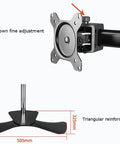 Close-up of Rock Solid Six Monitor Desk Mount Bracket Full Articulation Arm with fine adjustment mechanism and triangular base.