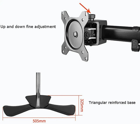 Close-up of Rock Solid Six Monitor Desk Mount Bracket Full Articulation Arm with fine adjustment mechanism and triangular base.