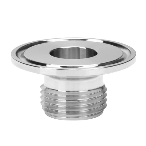 Chrome sanitary 3/4in GHT male hose-thread to 1.5in tri-clamp pipe fitting, flanged top
