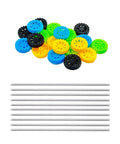 20 Piece Plastic Toy Car Wheels Set With 2mm Shafts For RC Cars Trucks And Robots DIY Model Building Projects Color Variety Yellow Green Black Blue Includes 20mm Diameter Wheels And 2mm Axles For Easy Swap, showing wheels and shafts
