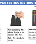 Waymil silver testing kit with two bottles, instruction sheet, and color chart showing 999/925/800/500 purities
