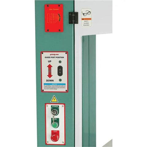 Close-up of 19-Inch 5 HP Ultimate Bandsaw controls, featuring guide post position, power switch, and safety labels for heavy-duty production work.