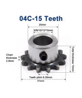 ZqRfJm Heavy Duty 15 Tooth 04C Sprocket With M5 Screw Hole for Industrial Machinery, size dimensions and measurements included.