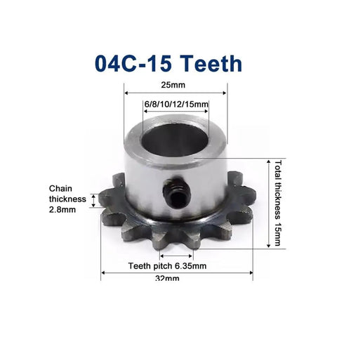 ZqRfJm Heavy Duty 15 Tooth 04C Sprocket With M5 Screw Hole for Industrial Machinery, size dimensions and measurements included.