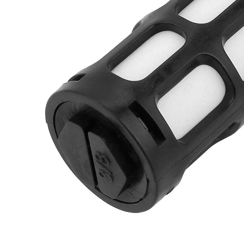 Close-up of CV-20HS vacuum generator exhaust ejector with silencer; black plastic body and white filter element.