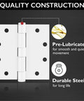 Top Shelf White Steel Door Hinges 9 Pack, 4 1/2 X 4 1/2 shown with pre-lubrication details and durable steel highlights.