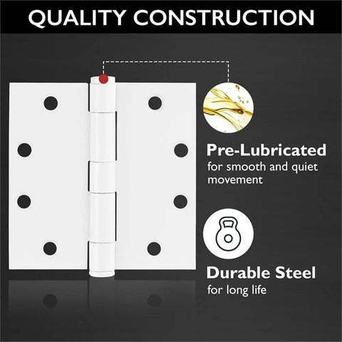 Top Shelf White Steel Door Hinges 9 Pack, 4 1/2 X 4 1/2 shown with pre-lubrication details and durable steel highlights.
