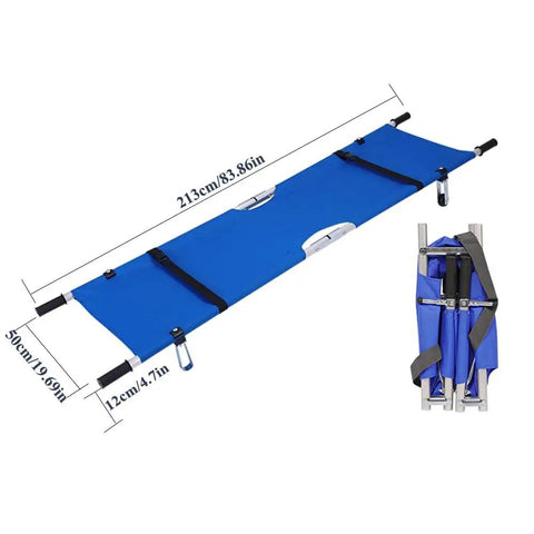 Lightweight Four-Fold Emergency Stretcher With Aluminum Alloy Frame extended and folded, blue fabric, dimensions shown
