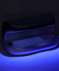 High Speed Money Counter With UV MG WM MGF Detection And Built In Magnifier Scale Banknote Verifier For US Dollars Euros Pounds Yuan And More Quick Counterfeit Check For Retail Cash Rooms Cashier Friendly in dark blue light.