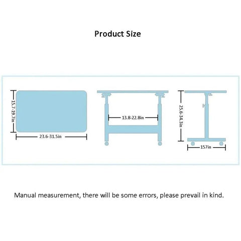 Product size diagram for Adjustable Rolling Laptop Table With Slick Brake Wheels Easy Glide Mobile Workstation Desk.