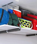 Overhead Garage Storage Hooks Set Four Pack Heavy Duty Ceiling Mount Utility Hangers for Lumber Bikes Tools Ladders Garden Hoses Sporting Gear and More Create Maximum Overhead Storage and Simplify Garage Organization installed with storage bins and bags