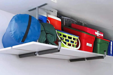 Overhead Garage Storage Hooks Set Four Pack Heavy Duty Ceiling Mount Utility Hangers for Lumber Bikes Tools Ladders Garden Hoses Sporting Gear and More Create Maximum Overhead Storage and Simplify Garage Organization installed with storage bins and bags