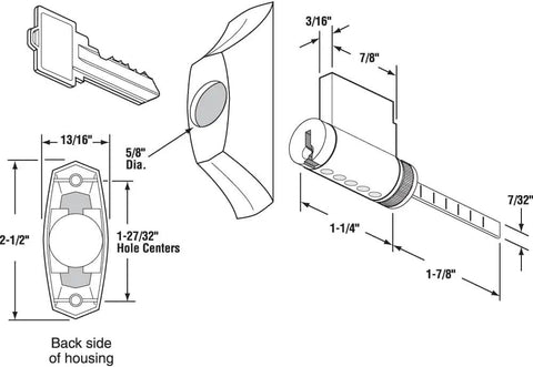 Upgrade Your Pad With This Tight Sliding Patio Door Lock Assembly Featuring A Durable White Key Cylinder And Housing Kit Built For Standard Openings Making Swaps A Total Breeze, diagram with measurements.