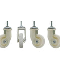 White Universal Furniture Casters Set of Four Screw On M6 Wheels 1.5 Inch 360 Degree Swivel front and side view