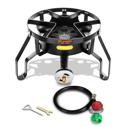 Beefy 16 Inch Propane Burner Single Burner Portable Gas Stove With 200000 BTU Output, cast iron burner with hose and connector