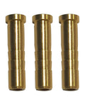 Close-up of three 50 Grain Copper Arrow Inserts With Screw In Connector For .244 Inch Arrow Shafts Pro Grade Brass Tail Weight 12 Pack
