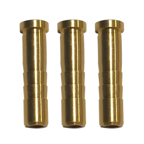 Close-up of three 50 Grain Copper Arrow Inserts With Screw In Connector For .244 Inch Arrow Shafts Pro Grade Brass Tail Weight 12 Pack